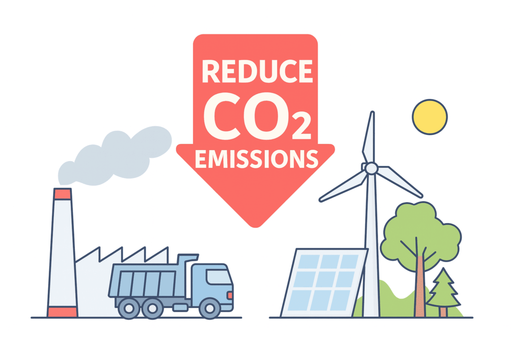 Ilustração que mostra a redução das emissões de CO2 graças à otimização dos processos digitais e às soluções eco-responsáveis.