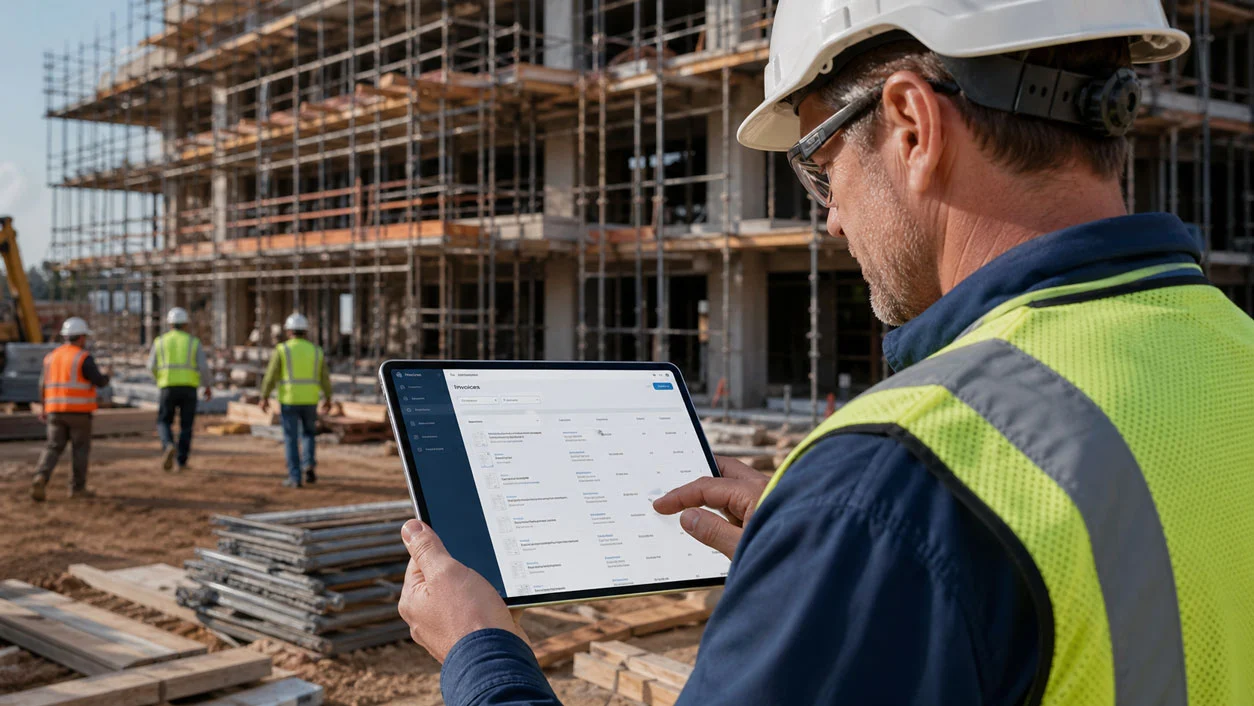 gestión de facturas y órdenes de compra de subcontratistas de construcción y obra civil en una tableta digital