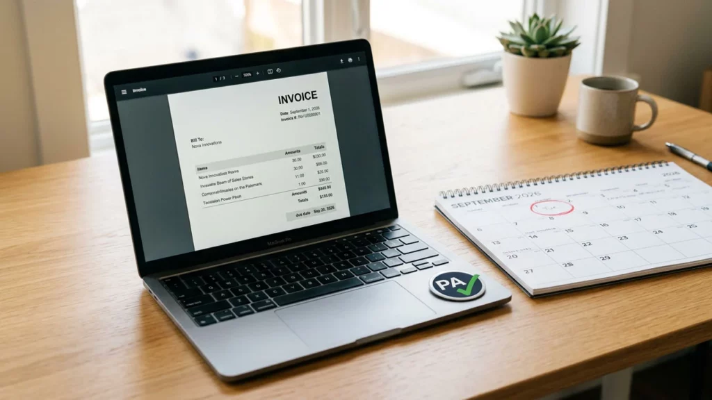Laptop affichant une facture électronique sur un bureau, calendrier septembre 2026 avec le 1er cerclé en rouge et badge Plateforme Agréée