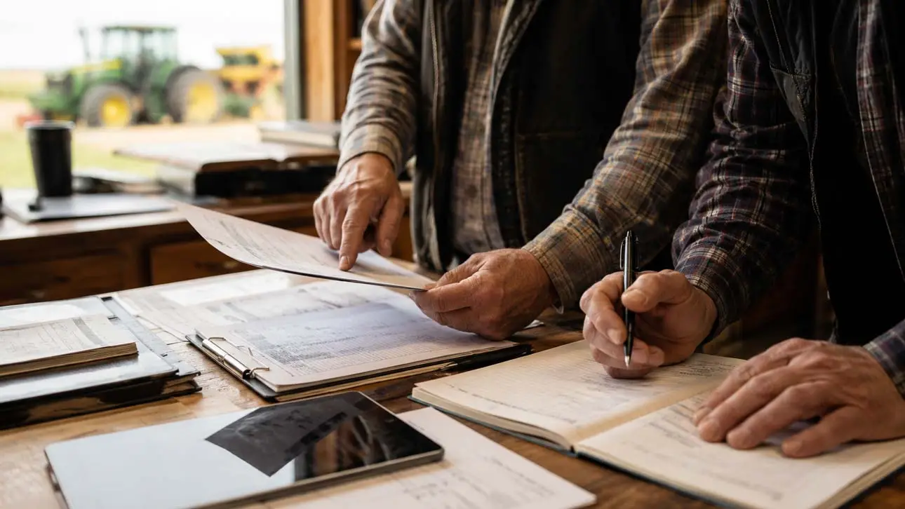 Deux associés d'un GAEC consultant des documents administratifs dans un bureau agricole